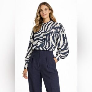 Ted Baker White and Blue Boxy Blouse with Mandarin Collar